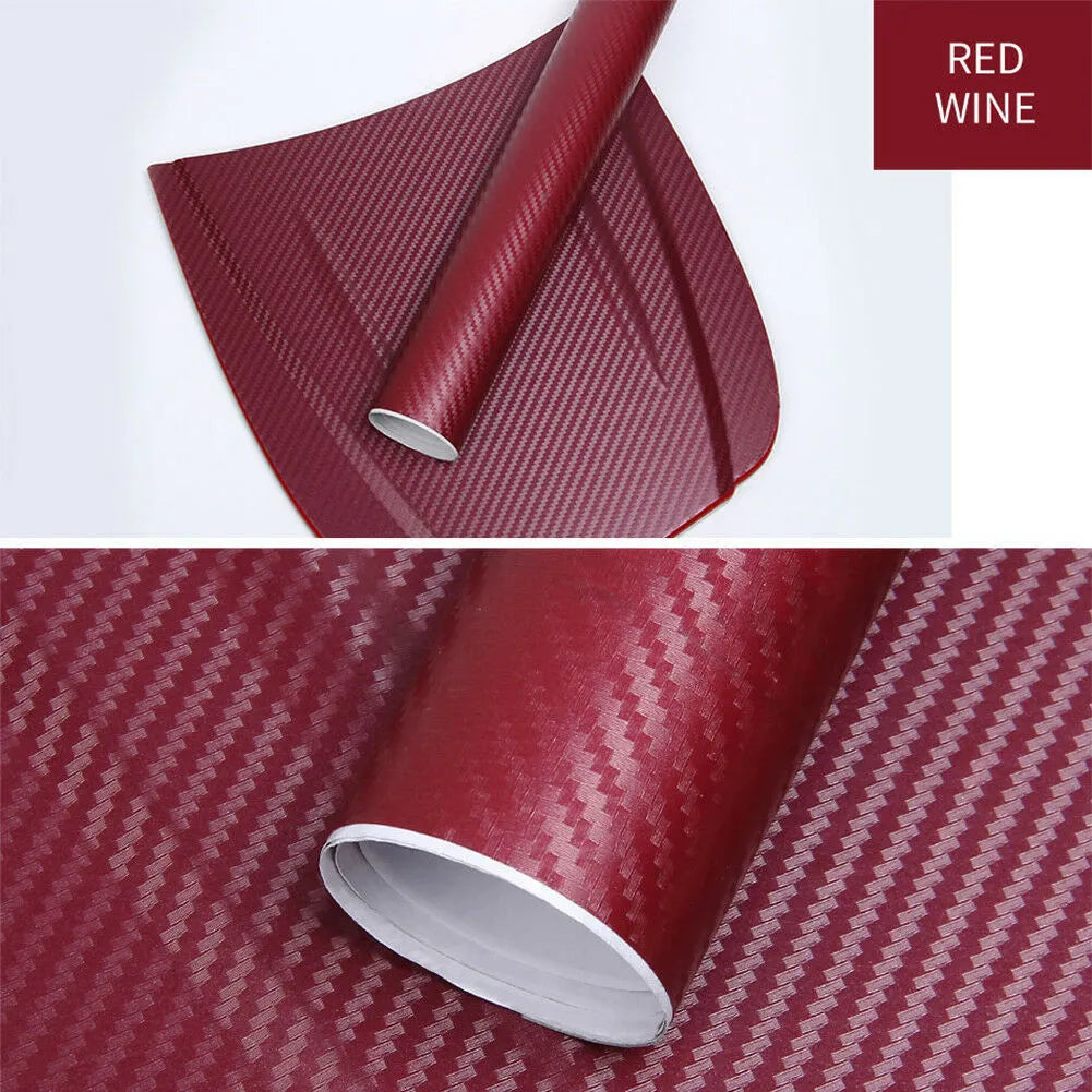 Roll of black 3D carbon fibre texture adhesive sticker for car decoration, showing textured pattern.