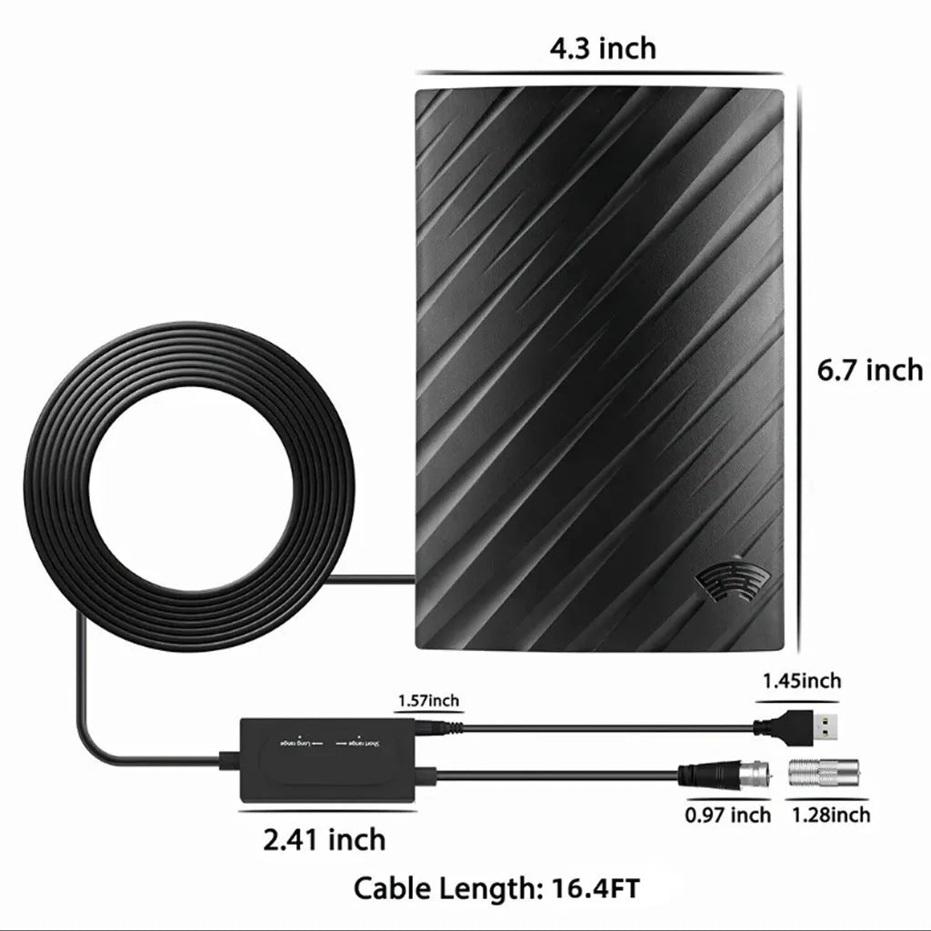 Black plastic digital television antenna with coaxial connection and mounting accessories