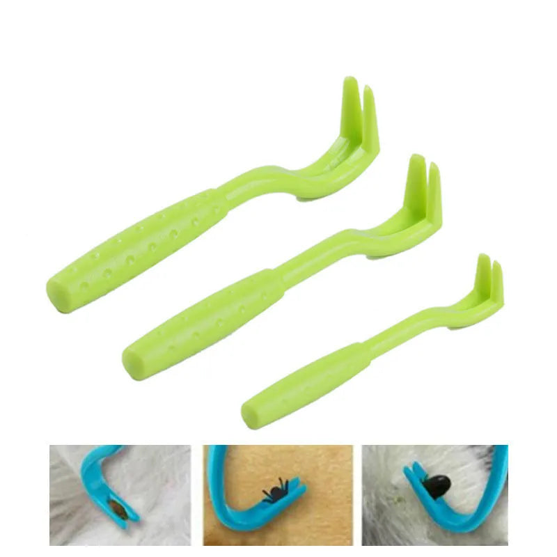 Set of three blue and green plastic pet tick removal clips on a white background.