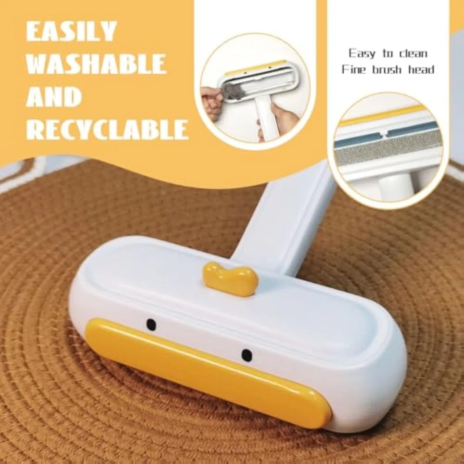 Portable pet hair brush with yellow duck design showing removable lid and polyester bristles