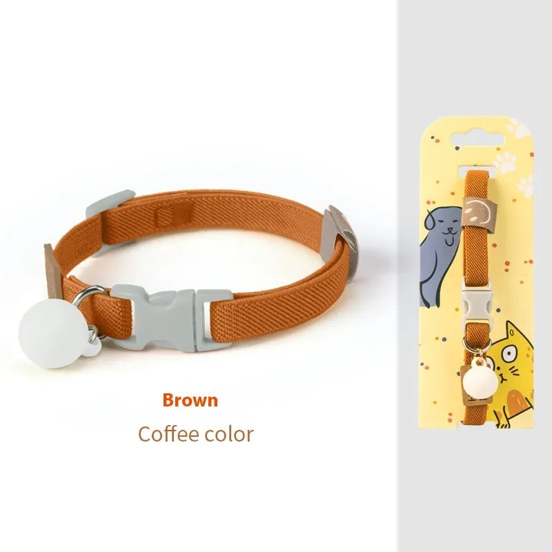 Small dog elastic pet collar in polyester material showing adjustable length of 22-32cm in seven colour options