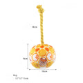 Bright coloured elastic football dog toy with cotton rope construction for tug of war and teeth grinding