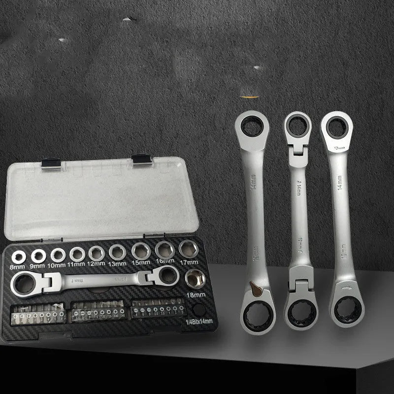 Dual-purpose ratchet wrench set with two-way switch, ten sockets, and three screwdriver bits laid out on a workbench.