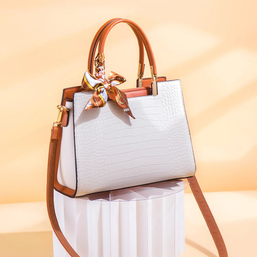 Milky white women's large-capacity PU shoulder handbag with multiple internal compartments and an external slit pocket.