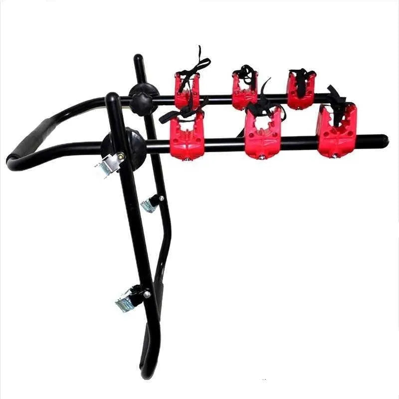 Black and red trunk-mounted bicycle carrier rack with tie ropes and protective sponge padding.