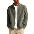 A loose-fitting men's cardigan sweater in a chemical fibre blend, shown in one of five available colours.