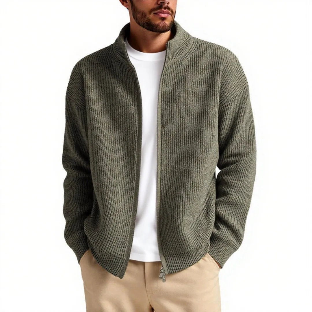 A loose-fitting men's cardigan sweater in a chemical fibre blend, shown in one of five available colours.