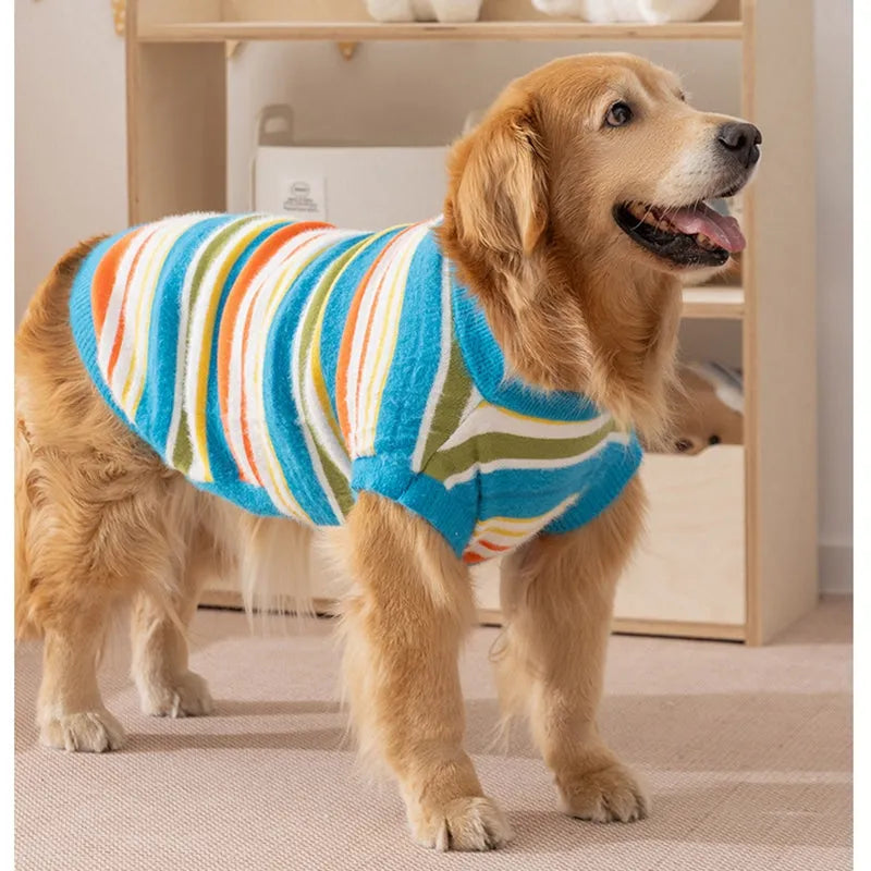 Blue striped sleeveless knitted dog jumper for large breeds, sizes 2XL to 7XL
