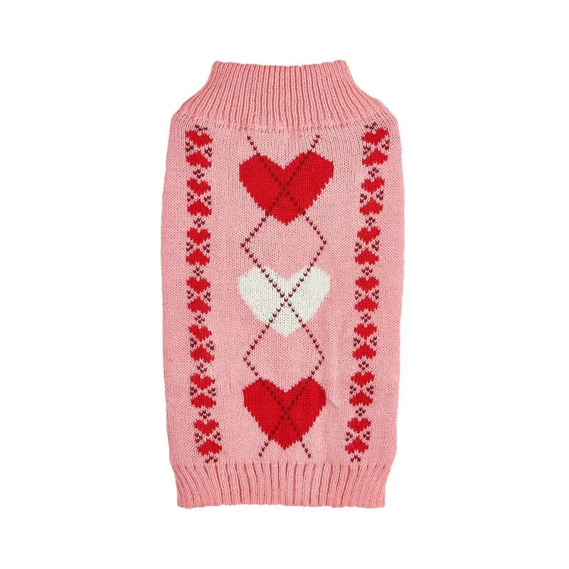 Red love heart and pink bow design on an acrylic dog sweater for small to large pets.