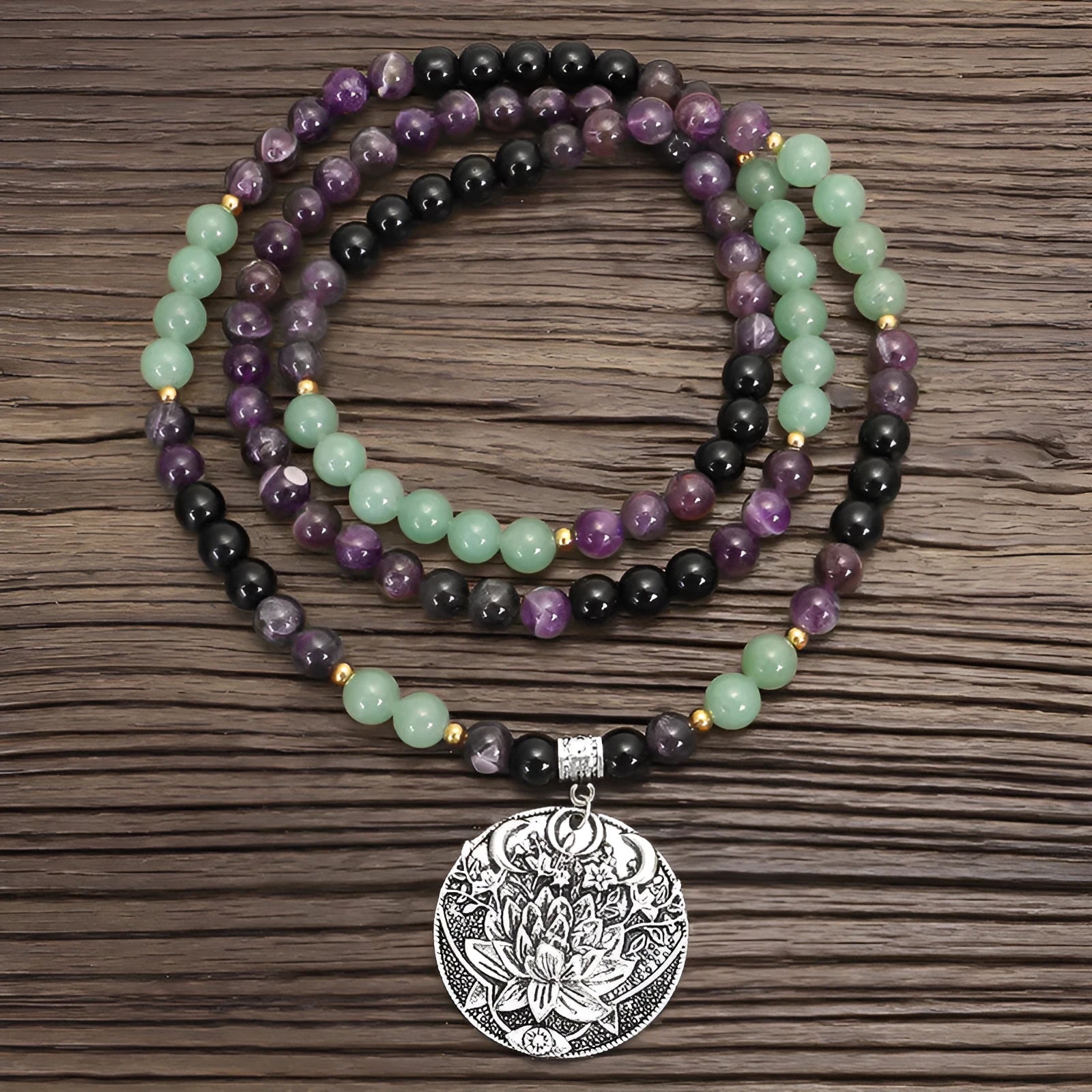 Dongling Long handmade stone bead necklace with alloy lotus pendant and matching bracelet, adjustable length.
