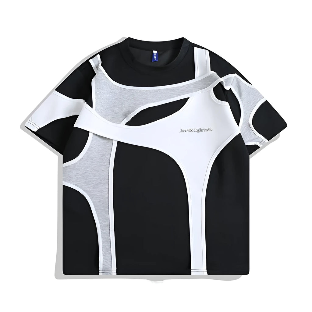 Loose black t-shirt showing double stitching detail forming a padded strap over the shoulder