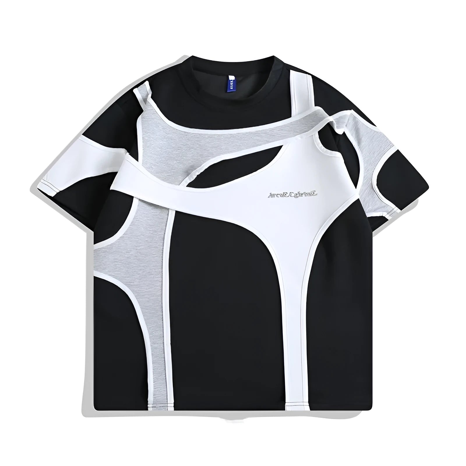 Loose black t-shirt showing double stitching detail forming a padded strap over the shoulder