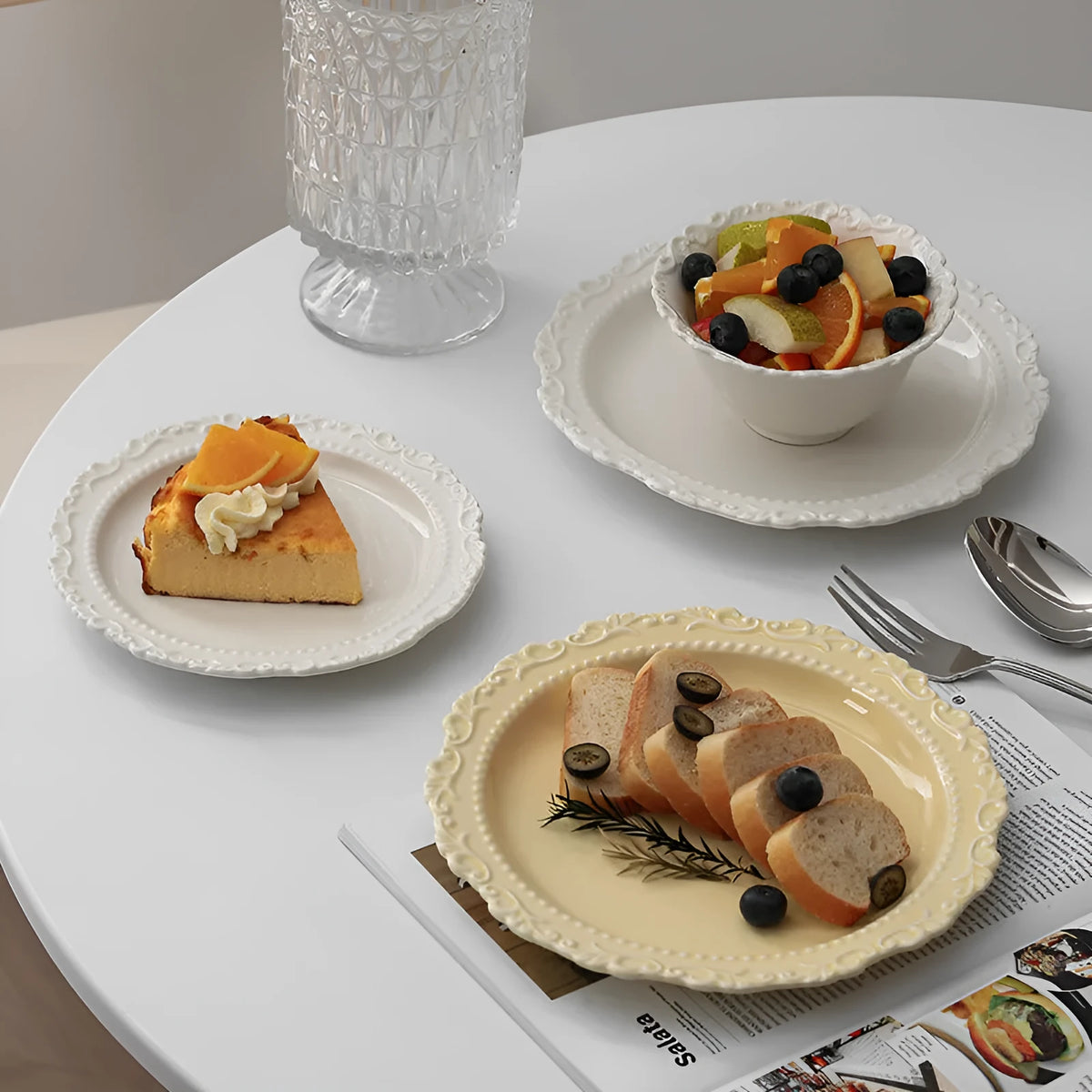 Vintage lace ceramic plate with irregular shape and coloured glaze in white or yellow