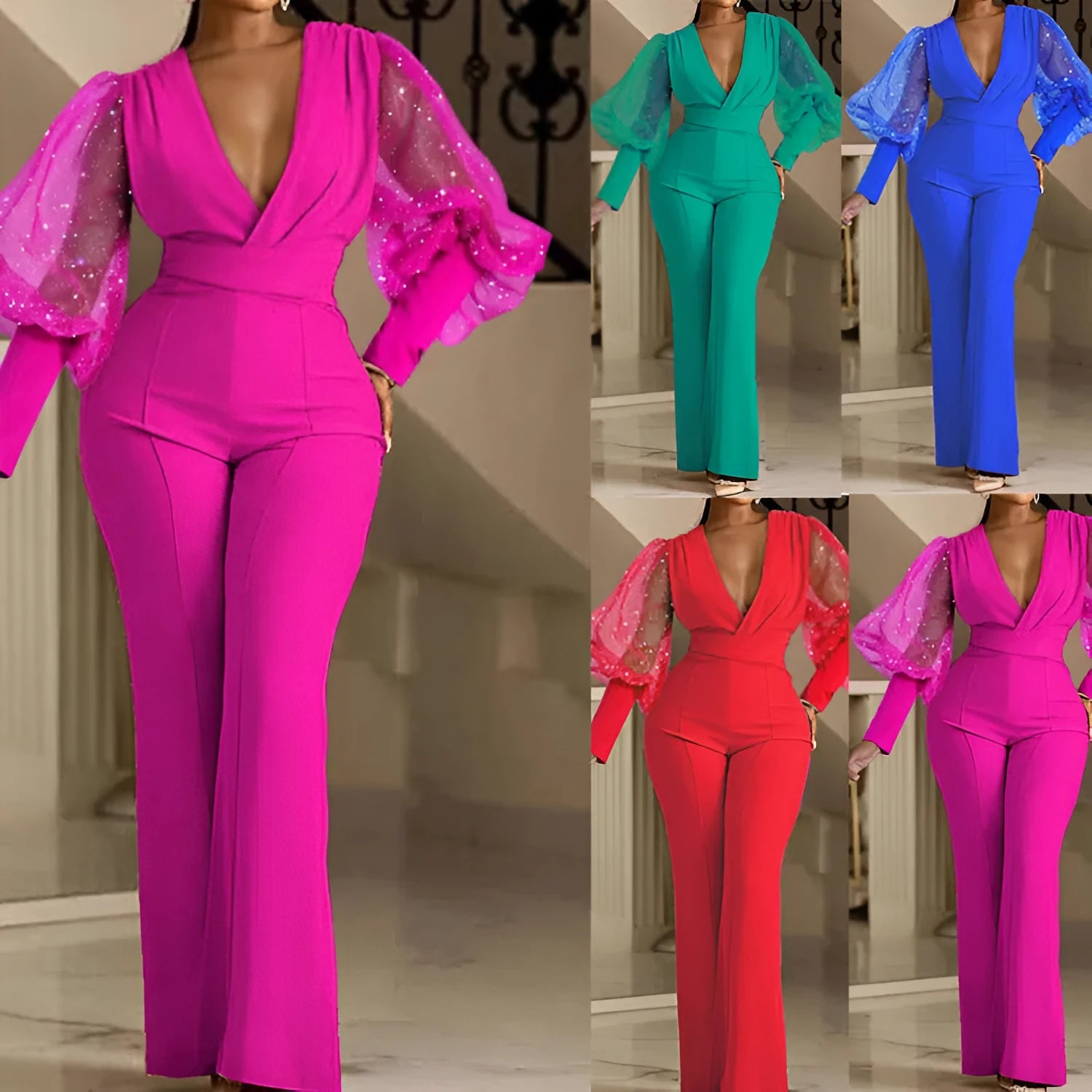 Women's mesh stitch long sleeve jumpsuit with wide legs and elastic waist in blue colour