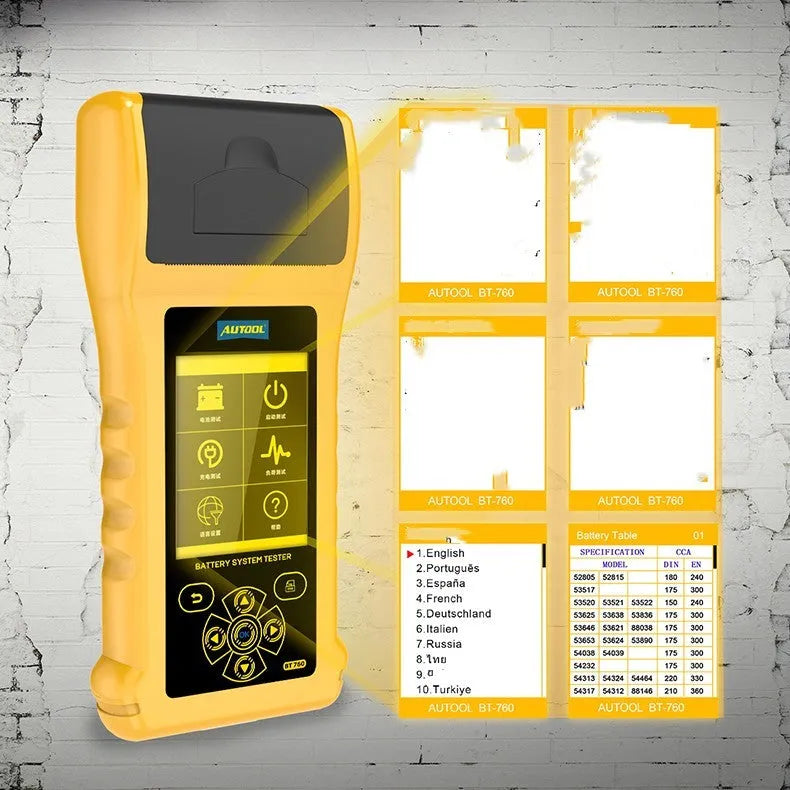 Autool BT760 colour screen vehicle battery tester with red and black clips and built-in thermal printer.