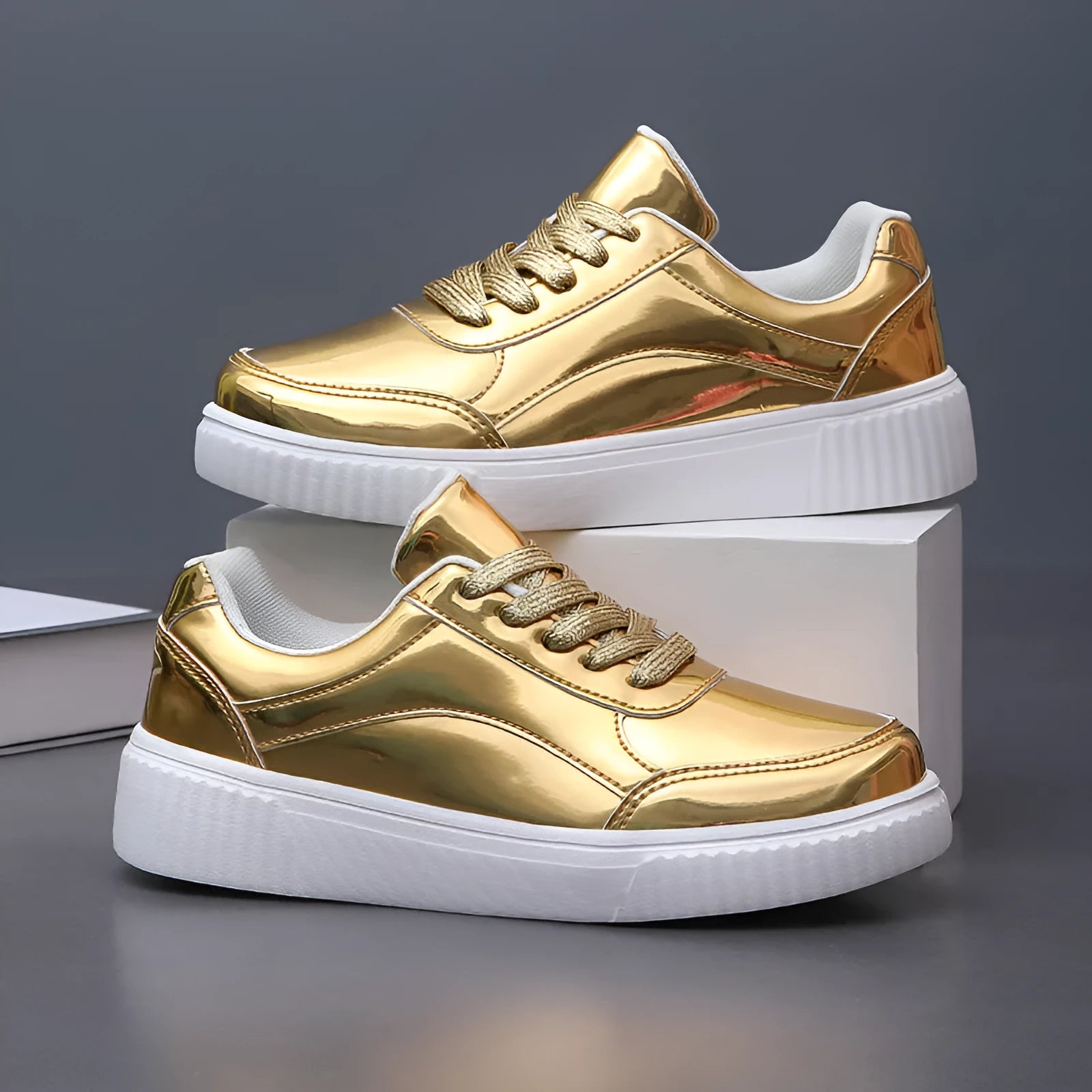 Rose gold platform sneakers with sequin details and thick MD soles