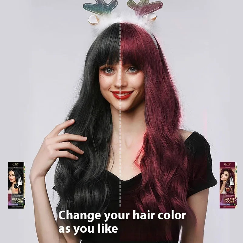 Bottle of permanent hair dye with comb applicator brush in brown, dark brown or wine red colour.