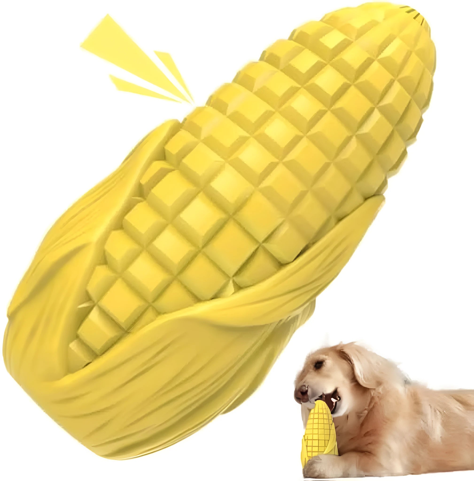 Blue and yellow corn stick dog chew toy with textured surface grooves for aggressive chewers