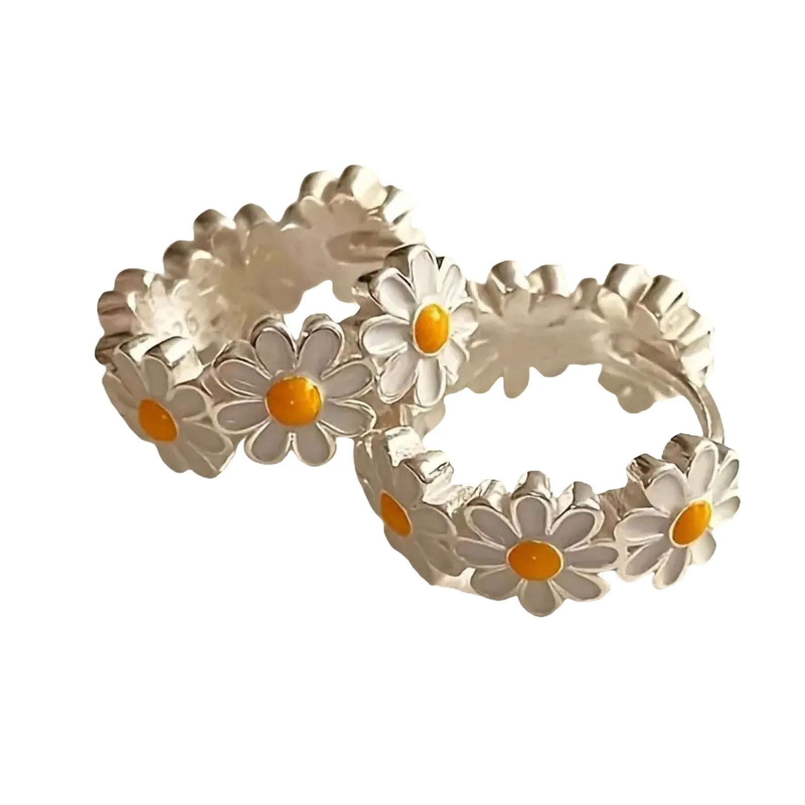 White daisy flower ring earrings with platinum gem accents on electroplated copper