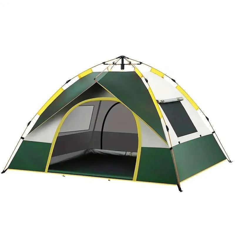 Dark green automatic camping tent with fibreglass poles and silver tape coating set up outdoors