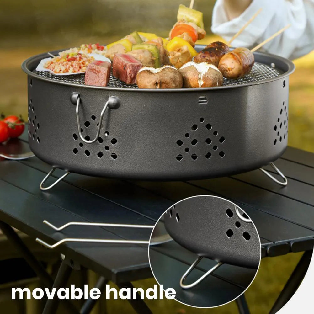 Portable stainless steel campfire grill with detachable parts, charcoal bowl, ash tray, and storage bag, white, 31cm