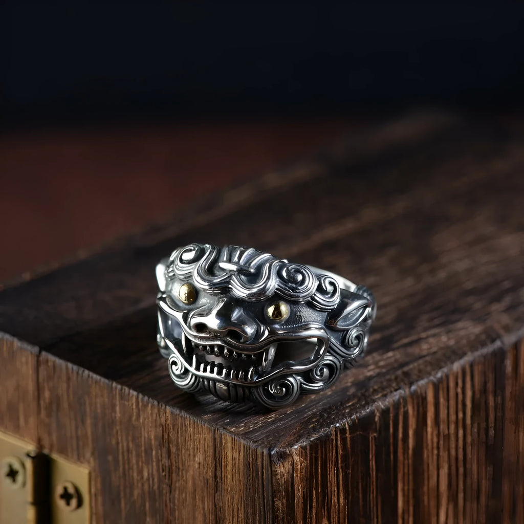 Silver adjustable open ring with Jibeast animal zodiac pattern and diamond detailing