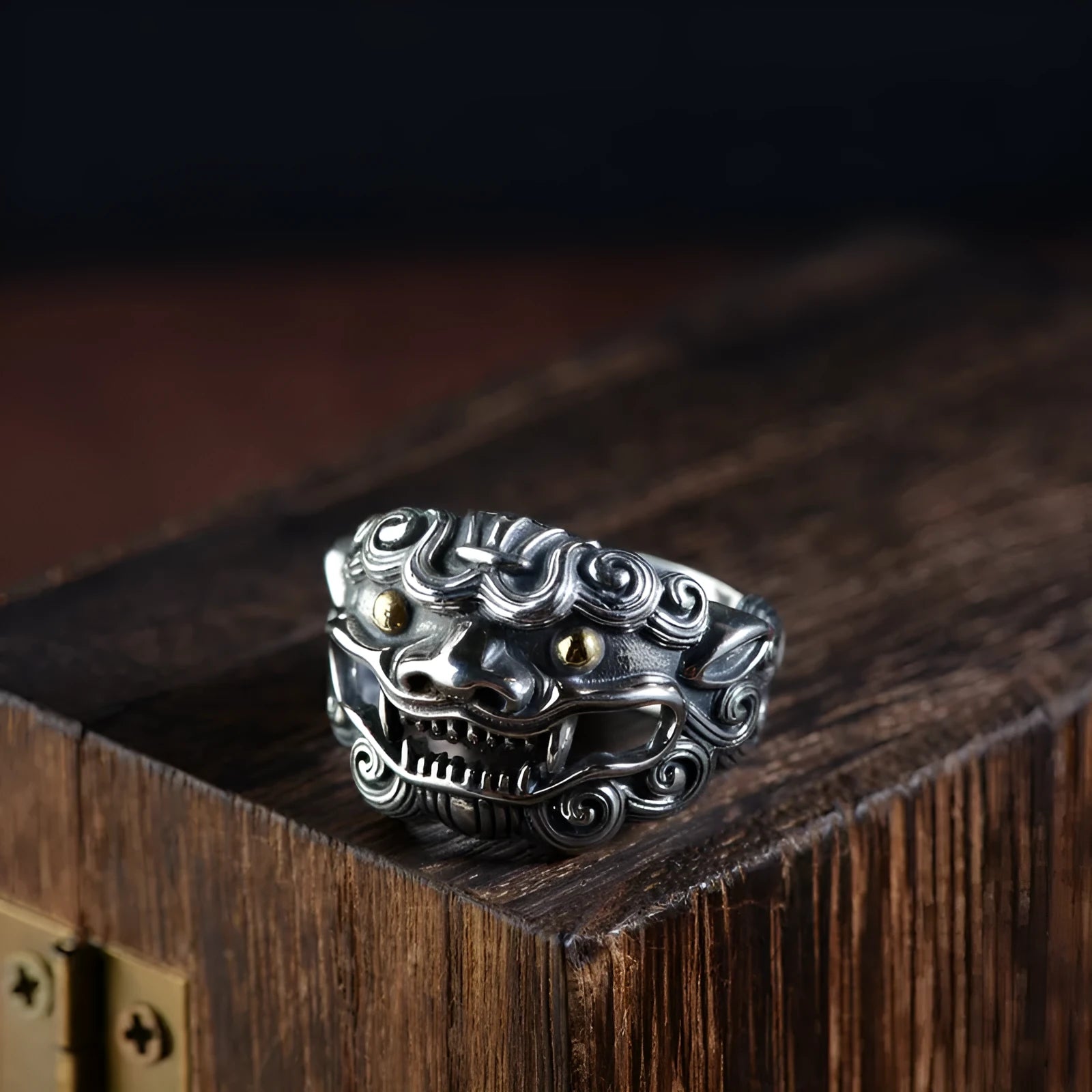 Silver adjustable open ring with Jibeast animal zodiac pattern and diamond detailing