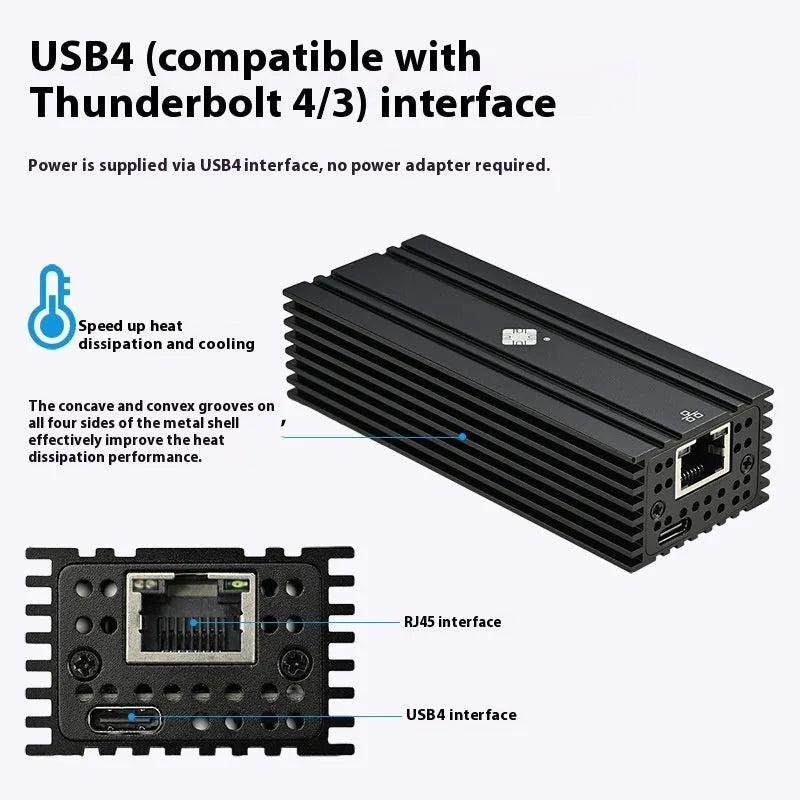 Black USB4 10G Ethernet network adapter with RJ45 port and 20cm cable.