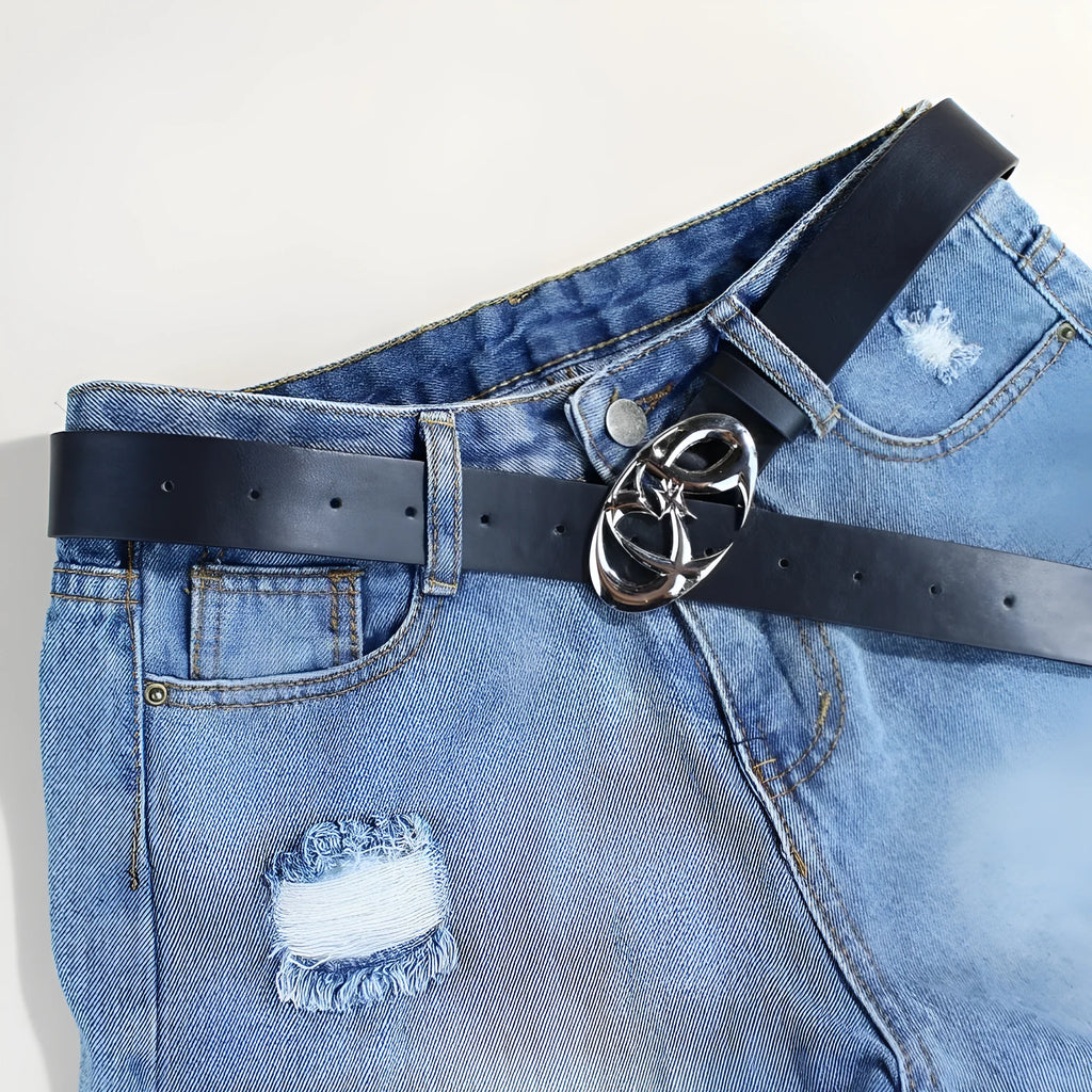 Silver buckle casual belt made from black PU leather with snap button fastening, 3.3cm wide