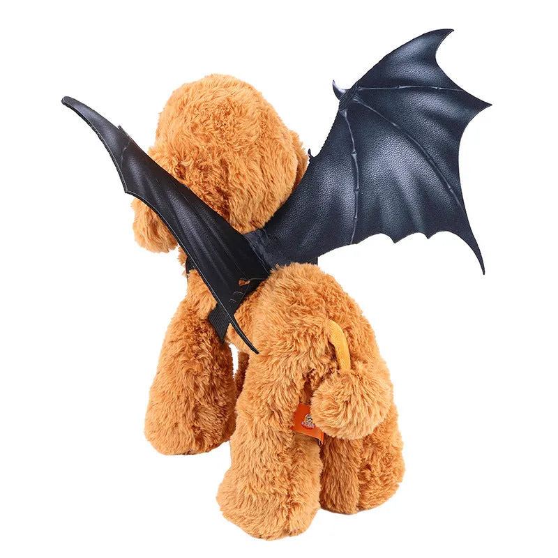Black cloth bat wings costume for pets with three size options for Halloween dress-up