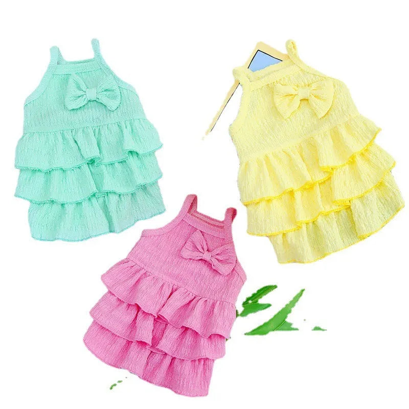 Small dog wearing princess dress with layered skirt in candy colour, suitable for teddy bichon breeds