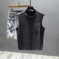 Men's solid black loose-fit cotton sleeveless t-shirt with a straight hem on a white background.