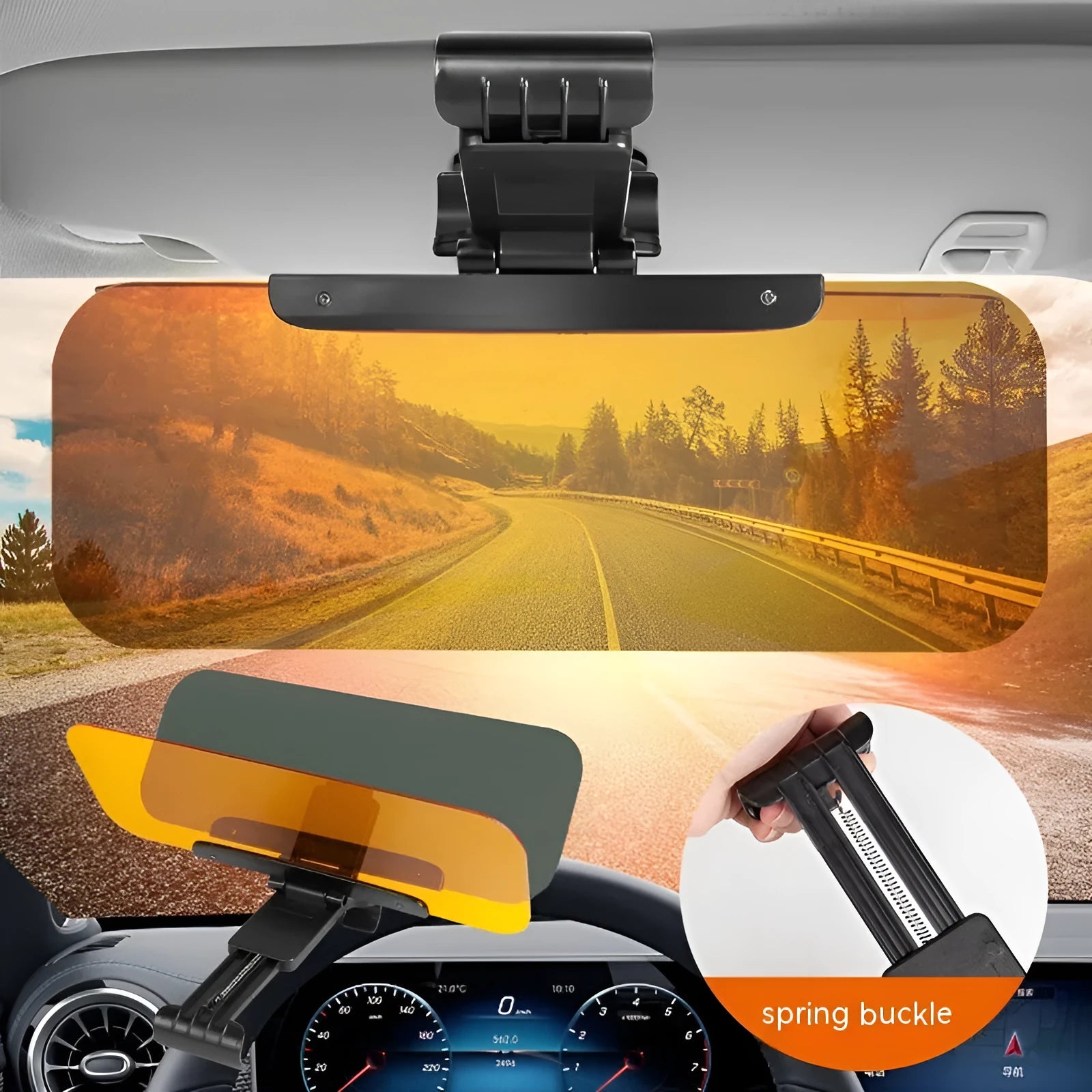 Anti-glare car sun visor with telescopic installation shown mounted on a vehicle sun visor