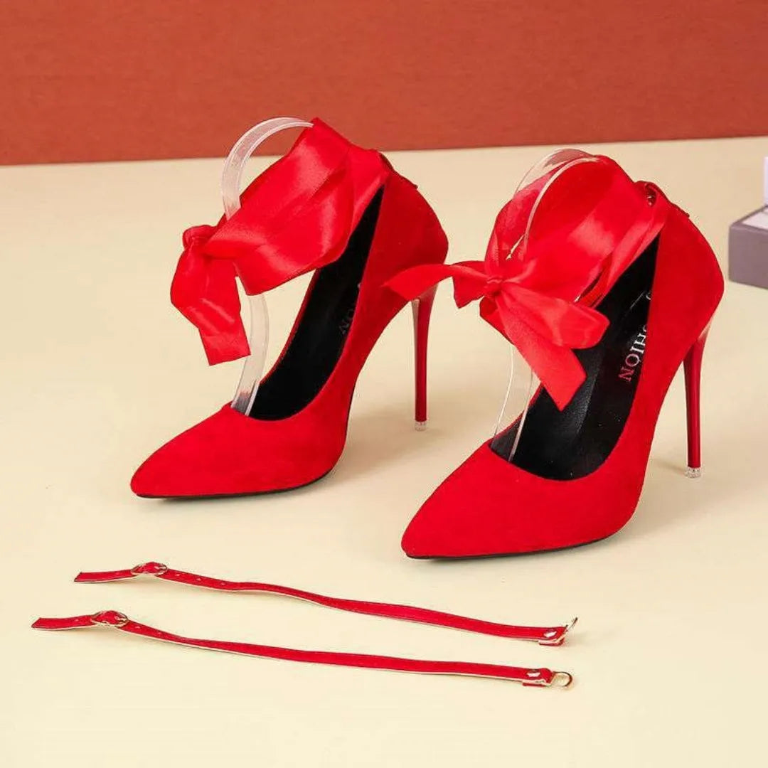 Women's black pointed toe platform heels with shallow mouth design and fabric strap