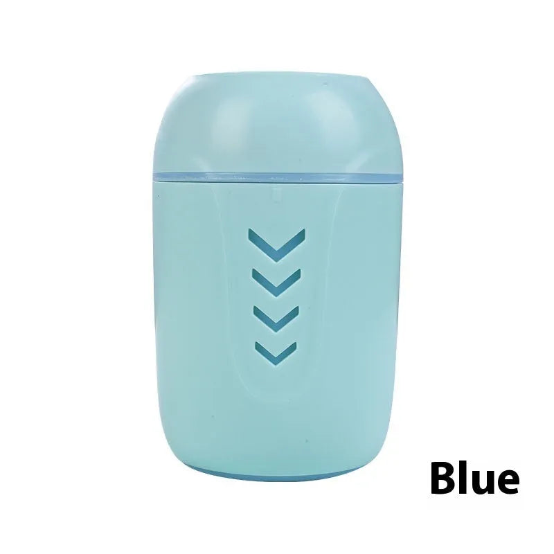 Round portable air purifier unit in white, pink, or blue colour options with USB cable for vehicle and desktop use