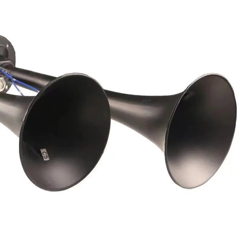 Black dual trumpet air horn and compressor kit for 12V and 24V vehicles.