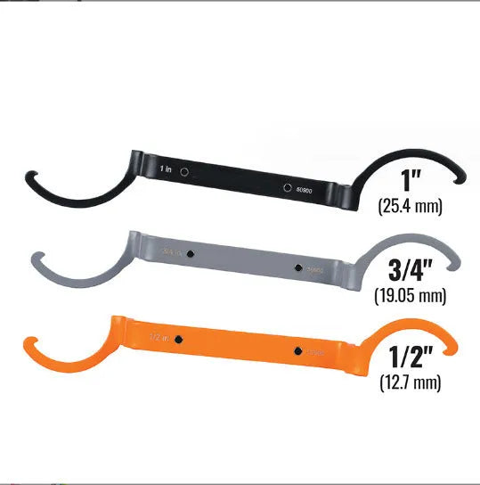 Crescent magnetic suction catheter locking wrench three-piece set showing orange, grey, and black wrenches.