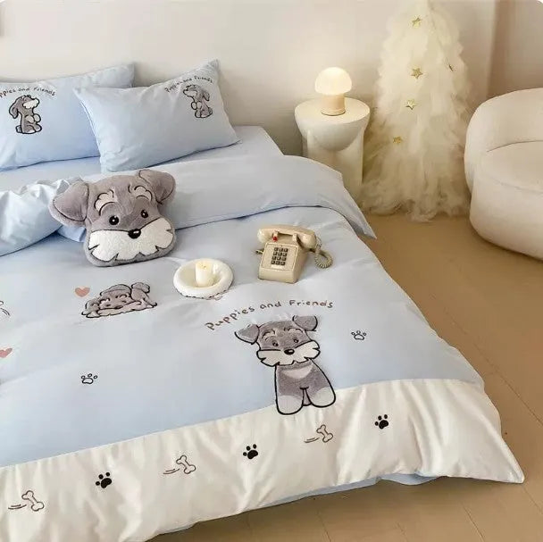 Cartoon Schnauzer embroidered pattern on a thickened cotton bedding set including quilt cover and pillowcases.