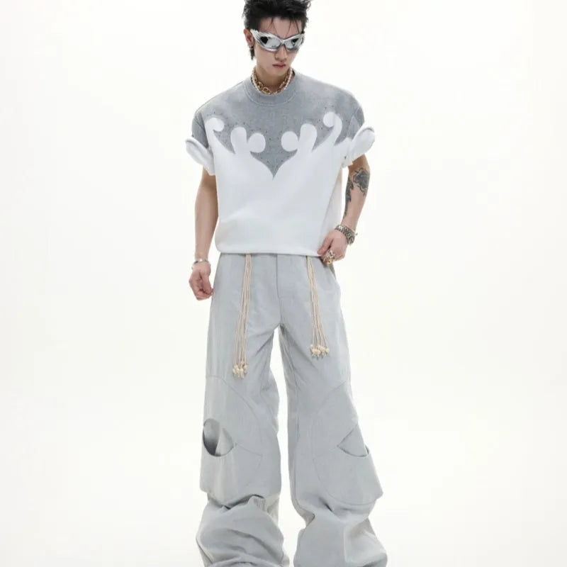 Men's cotton short sleeve shirt with three-dimensional burnt flower stitching and round neck