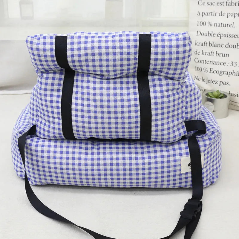 Grey and blue plaid stain-resistant cloth dog car nest in small and large sizes.