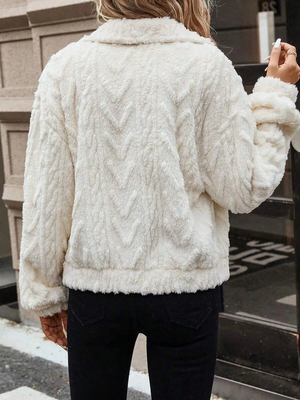 Women's ivory white double-sided plush button cardigan coat showing front closure and regular fit