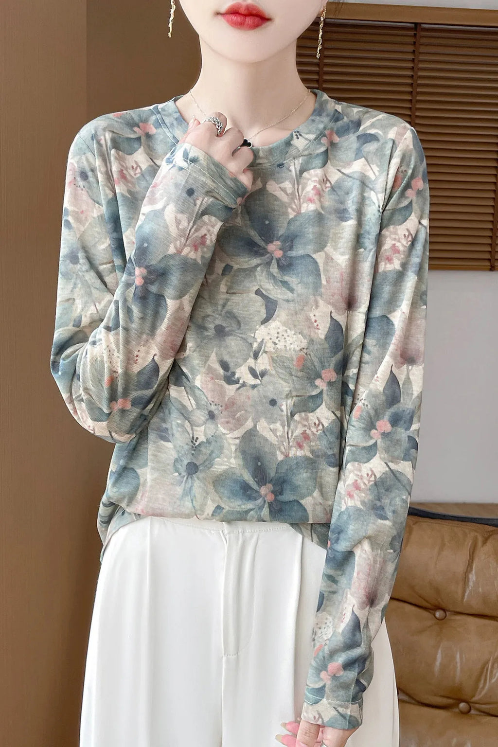 Round neck Tencel Cotton pullover shirt with a printed floral design, shown in a basic silhouette with regular sleeves.