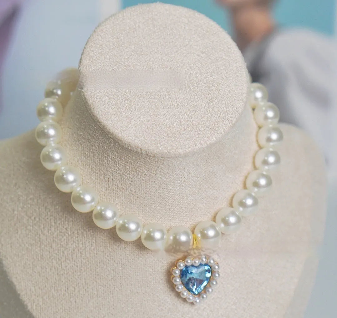 Pearl necklace cat collar with love gem charm in monochrome, available in six colours and 15-30cm sizes