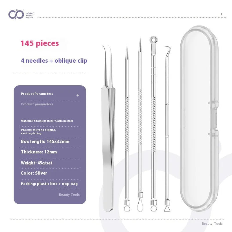 Four silver metal acne needles with fine pointed tips for blackhead removal.