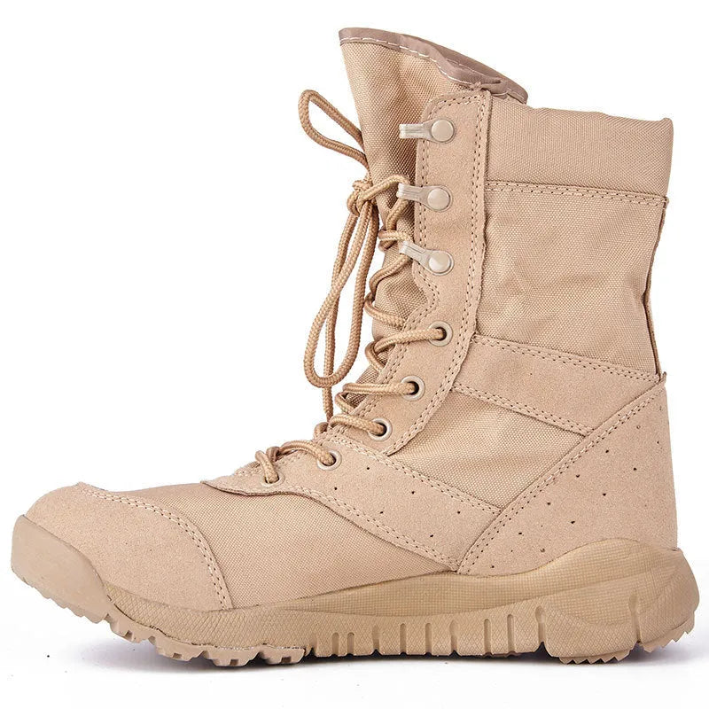 Yulong summer tactical desert combat boots in black and sand colours for outdoor climbing and hiking.