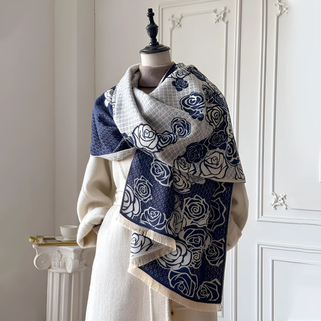 Imitation cashmere scarf with tassel trim in grey, black, blue, or khaki, shown at 185 cm long.