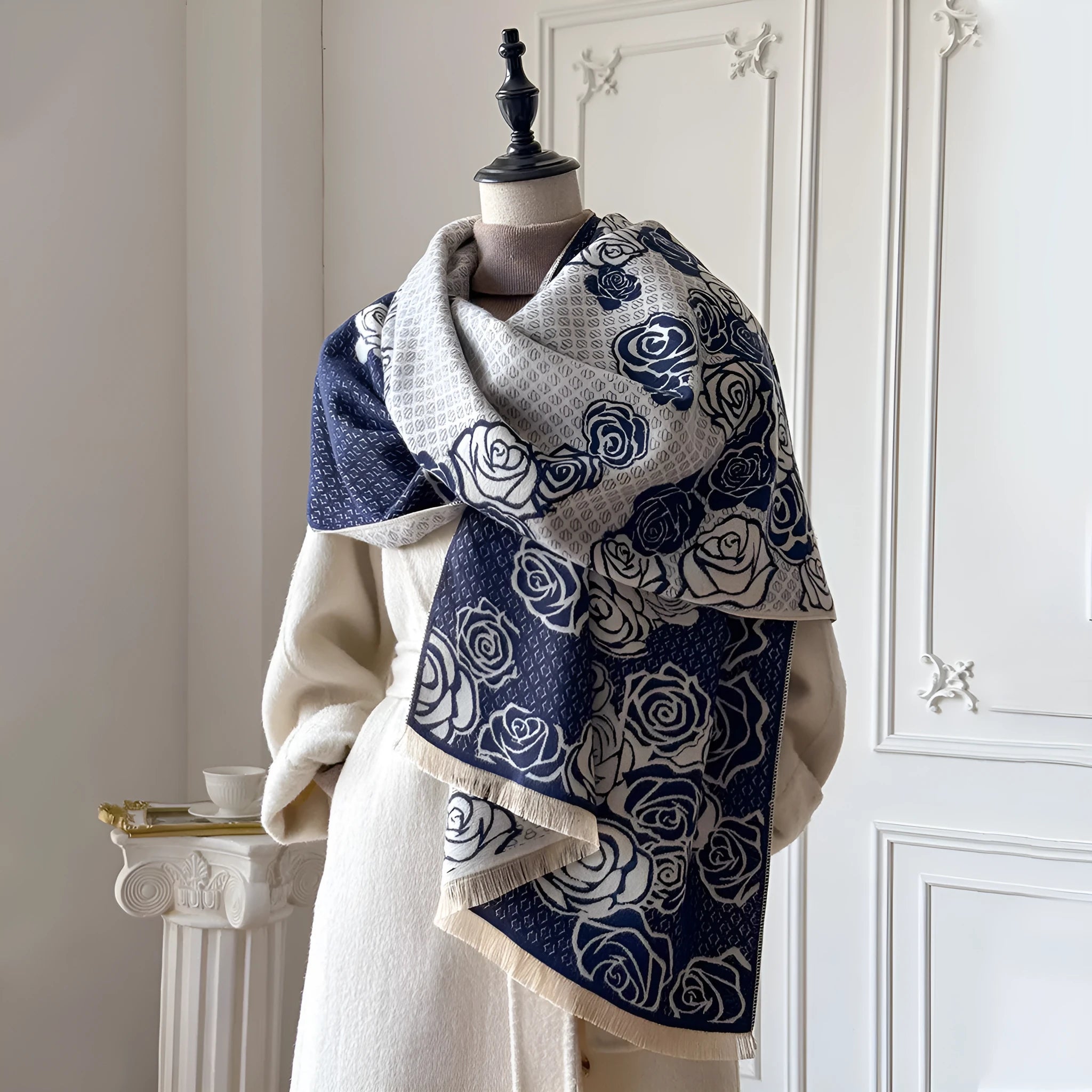 Imitation cashmere scarf with tassel trim in grey, black, blue, or khaki, shown at 185 cm long.
