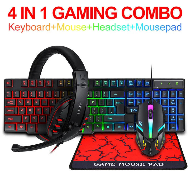 Thunder Wolf T800 wired gaming keyboard, mouse, headset, and mouse pad four-piece bundle set on a desk