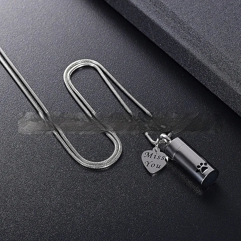 Silver cylindrical paw print ashes necklace with openable stainless steel memorial pendant