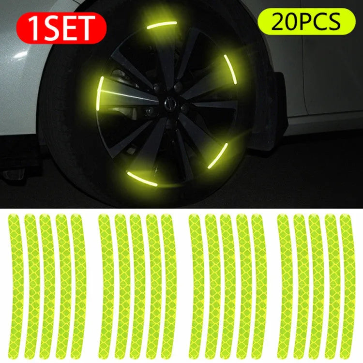 Pack of 20 arc-shaped reflective PVC stickers for car wheel hubs in various fluorescent and metallic colours